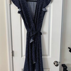 Navy blue polka dot wrap dress